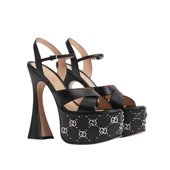 Gucci Janaya Black Interlocking G Studs 40.5/ US 10.5 Heels Platform Sandals NIB - Picture 1 of 16